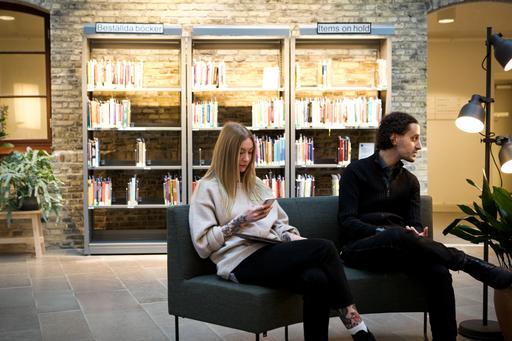 People sitting on a sofa in front of bookshelves.